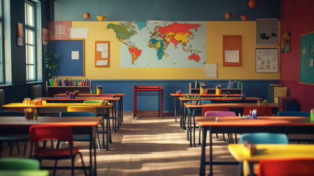 A vibrant classroom setup featuring a world map and colorful desks, ideal for fostering creativity and learning in a collaborative environment.の素材