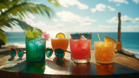 A vibrant tropical beach scene featuring colorful cocktails and sunglasses. Ideal for summer vibes, relaxation, and leisure under the sun. Enjoy the refreshing drinks by the ocean.の素材