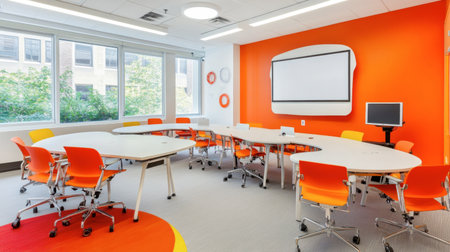 A modern conference room featuring an oval table surrounded by bright orange chairs. The vibrant design creates an inspiring workspace for collaboration and meetings.の素材