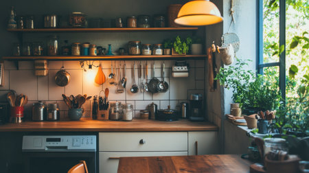 Bright and inviting kitchen space featuring herbs, cooking utensils, and natural light. Perfect for food lovers and culinary enthusiasts seeking inspiration.の素材
