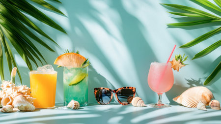 Enjoy a vibrant summer scene featuring tropical cocktails, stylish sunglasses, and seashells, perfect for evoking feelings of relaxation and fun.の素材