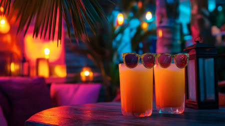 Bright and colorful cocktails sit on a wooden table, adorned with sunglasses, in a lively bar setting illuminated by warm lights, perfect for summer enjoyment.の素材