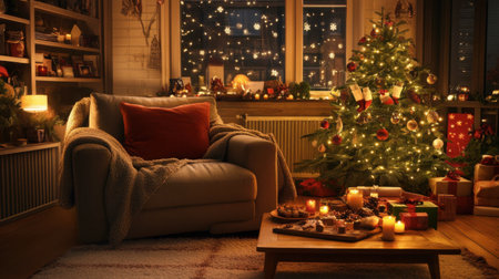 A warm and inviting living room scene featuring a beautifully decorated Christmas tree, glowing lights, and festive snacks, perfect for holiday celebration.の素材