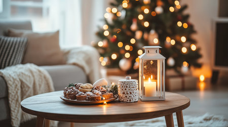 A cozy indoor holiday scene featuring a beautifully arranged table with cookies, a candle-lit lantern, and a sparkling Christmas tree in the background.の素材