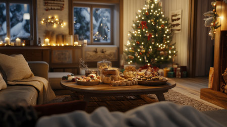 Experience the warmth of a cozy Christmas living room adorned with festive decorations, twinkling lights, and an array of delicious holiday treats.の素材