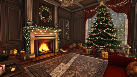 A warm and inviting Christmas living room featuring a beautifully decorated tree, a cozy fireplace, and an array of festive gifts, creating a perfect holiday ambiance.の素材