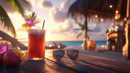 A stunning tropical cocktail sits on a wooden table, framed by a vibrant sunset and serene beach. Relax with sunglasses and enjoy summer vibes.の素材