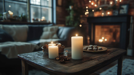 A cozy indoor scene featuring glowing candles, a rustic wooden table, and soft lighting, creating a warm atmosphere for relaxation and inviting comfort.の素材