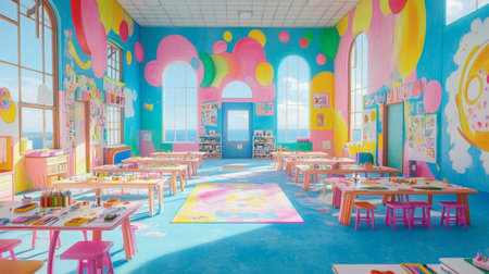 A vibrant and colorful classroom designed for creativity, featuring bright murals, playful furniture, and an inspiring learning environment for children.の素材