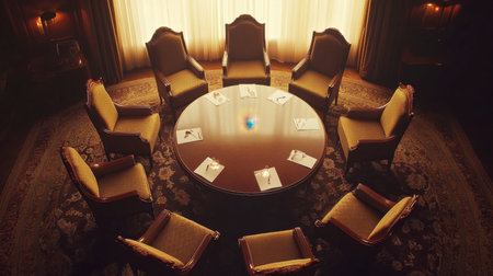 A sophisticated conference room featuring a round table surrounded by elegant chairs, bathed in soft lighting for a professional atmosphere ideal for meetings or discussions.の素材