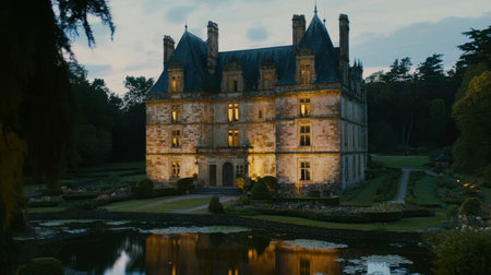 A stunning historic castle with a beautiful garden reflects in tranquil water at dusk. This enchanting scene captures the elegance of classic architecture in a serene landscape.の素材