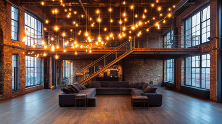 A spacious modern industrial interior featuring a cozy sofa, ambient lighting, and large windows. The warm aesthetic invites relaxation and creativity in design.の素材