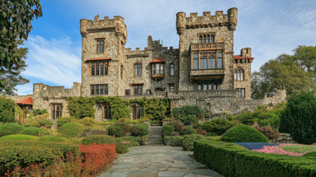 A majestic historic stone castle surrounded by a lush garden and vibrant flowers, presenting a scenic view under a clear blue sky, perfect for photography.の素材