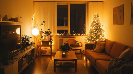 A cozy living room adorned with soft lights and a beautifully decorated Christmas tree. The warm ambiance invites relaxation and festive cheer.の素材