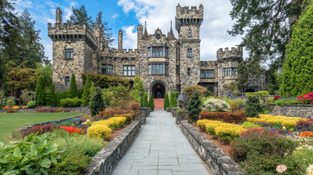 This stunning stone castle is surrounded by a colorful flower garden, showcasing beautiful architecture against a lush landscape. A perfect backdrop for photography.の素材