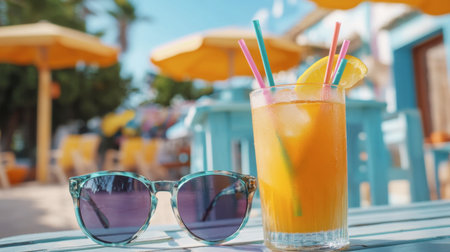 A vibrant outdoor scene featuring a refreshing orange drink with colorful straws alongside stylish sunglasses, evoking a joyful summer vibe. Perfect for leisure.の素材