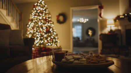 A warm, inviting Christmas evening scene featuring a beautifully decorated tree and a plate of festive treats on a wooden table, perfect for holiday gatherings.の素材