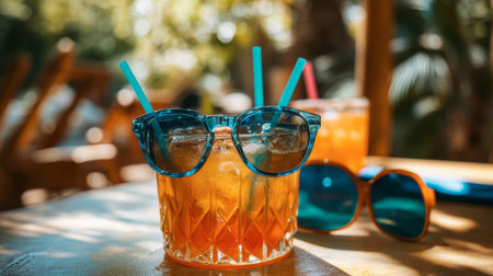 A vibrant setting featuring refreshing summer cocktails on a wooden table. Colorful glasses and sunglasses complement the fun atmosphere perfect for relaxation.の素材