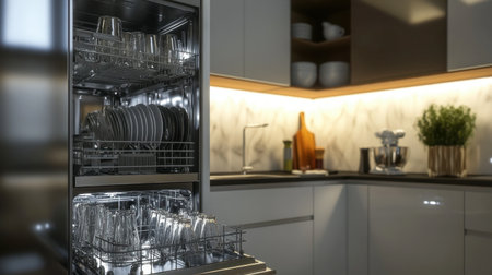 A sleek modern kitchen showcases an open dishwasher filled with clean dishes, featuring elegant design elements, bright decor, and practical appliances.の素材