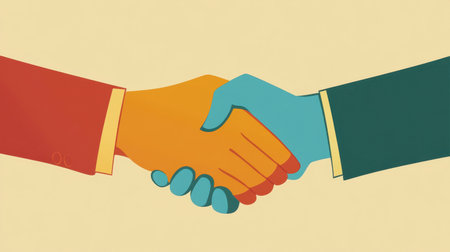 A vibrant illustration of two hands shaking, symbolizing partnership and trust. The color contrast emphasizes unity and collaboration in a professional setting.の素材