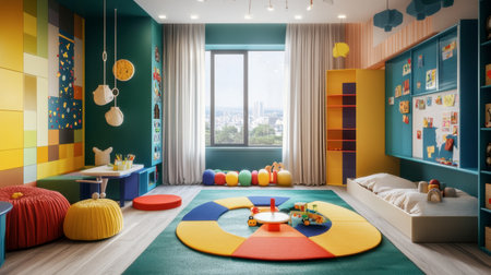 A vibrant and modern playroom designed for children, featuring colorful furniture and a cozy atmosphere, perfect for play, creativity, and learning.の素材