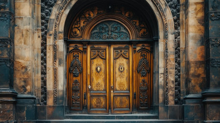 Captivating wooden doors featuring intricate carvings and rich textures. An architectural gem, perfect for showcasing historic elegance and craftsmanship.の素材