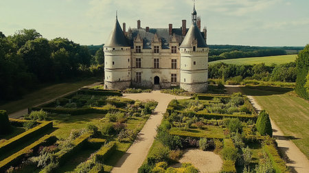 Explore a stunning French castle nestled in lush gardens, showcasing intricate architecture and a serene landscape perfect for a picturesque getaway.の素材
