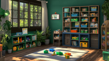 A cozy educational playroom showcasing colorful toys, organized shelves, and ample natural light, perfect for fostering creativity and learning in children.の素材