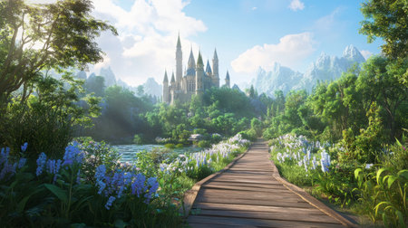 A captivating fantasy landscape featuring a majestic castle surrounded by lush greenery. A wooden pathway leads through blooming flowers, evoking a serene atmosphere.の素材