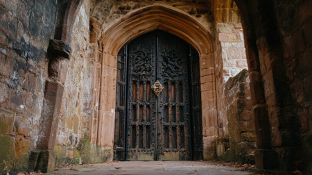 Explore the beauty of this medieval gothic doorway, featuring intricate iron details and a weathered stone archway, capturing a sense of history and craftsmanship.の素材
