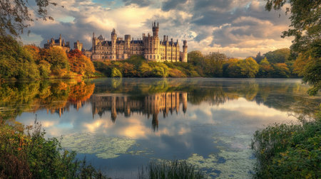 Experience the beauty of a majestic castle set against a tranquil lake, surrounded by vibrant autumn foliage and dramatic clouds reflecting in the water.の素材