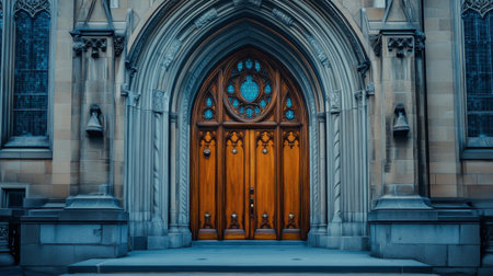 A stunning ornate wooden doorway featuring intricate carvings and vibrant stained glass windows, creating an inviting entrance to a historic building.の素材