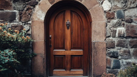 This image features a rustic wooden door framed by a textured stone wall, complemented by lush greenery. The inviting entrance showcases timeless charm.の素材
