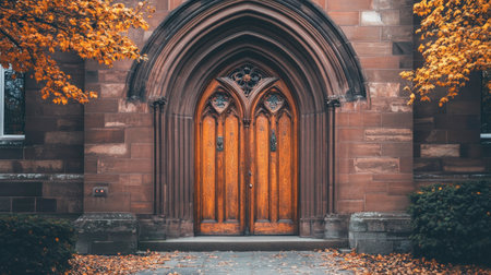 This captivating image features ornate Gothic doors embraced by vivid autumn leaves, showcasing intricate architectural details in a serene historical setting.の素材