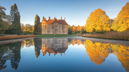 Stunning autumn scene showcasing a historic manor reflecting in calm waters. Lush trees and vibrant colors create a serene landscape filled with tranquility.の素材