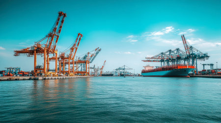 A vibrant industrial port scene featuring towering cranes and a cargo ship docked in clear blue water under a bright sky, showcasing marine logistics and transport.の素材