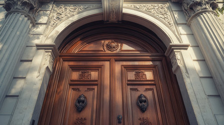 Captivating image of an elegant wooden door framed by ornate architectural details. The interplay of sunlight and shadows enhances the classic charm of this stunning entrance.の素材