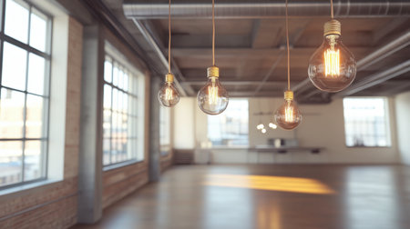 A spacious industrial interior featuring hanging vintage light bulbs, creating a warm and inviting ambiance. Perfect for modern design inspiration.の素材