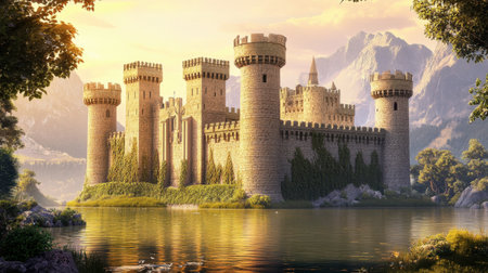 A stunning stone castle stands majestically by a serene lake, surrounded by lush greenery and majestic mountains, offering a picturesque escape into nature's beauty.の素材