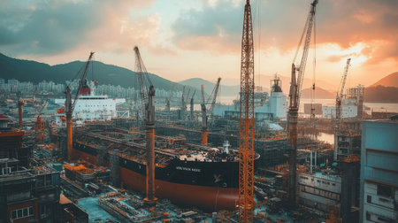 A stunning view of a busy shipyard at sunset, showcasing towering cranes, ships under construction, and industrial activity against a scenic backdrop.の素材