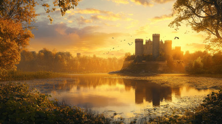 A stunning view of a medieval castle at sunset, surrounded by tranquil waters and lush trees. The golden light creates a picturesque scene perfect for nature lovers.の素材