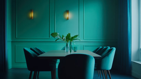 A stylish dining room featuring teal walls, a modern table, and elegant furnishings. The serene atmosphere, complemented by indoor plants and ambient lighting, enhances the inviting space.の素材