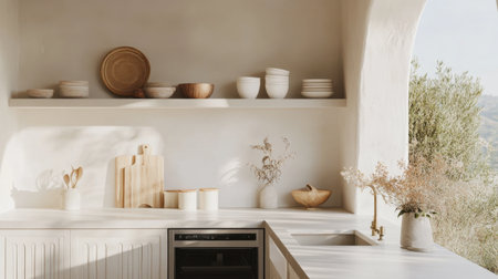 A serene minimalist kitchen showcasing natural decor with sunlight streaming through the window, featuring wooden bowls, pottery, and floral accents for a cozy atmosphere.の素材