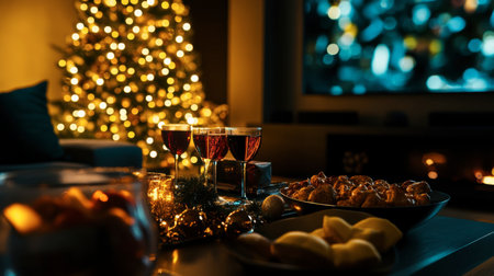 A cozy holiday gathering featuring a beautifully decorated tree, festive drinks, and delightful snacks, creating a warm and inviting atmosphere for celebration.の素材