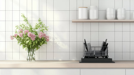 This modern kitchen scene features a beautiful bouquet of flowers in a vase on the counter beside a neatly organized dish rack, creating a fresh and inviting atmosphere.の素材