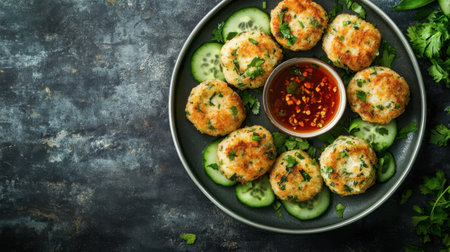 Indulge in these delightful seafood cakes, perfectly arranged on a plate with fresh cucumber slices and a spicy dipping sauce, ideal for any occasion.の素材