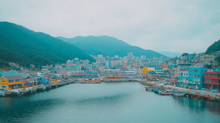 A captivating view of a colorful fishing village nestled between mountains, showcasing vibrant buildings reflecting in the calm water, perfect for travel inspiration.の素材
