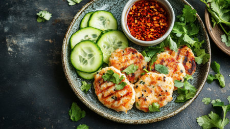 Enjoy a flavorful plate of grilled salmon patties served with fresh cucumber slices and spicy chili sauce, perfect for a delicious meal or appetizer.の素材