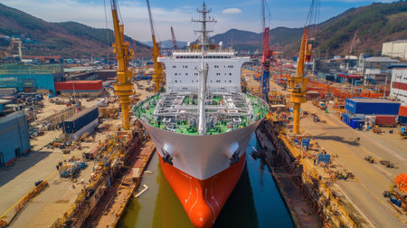 A massive cargo ship is being constructed in a bustling shipyard, surrounded by towering cranes and heavy machinery. The vibrant colors and clear blue sky highlight this industrial scene.の素材