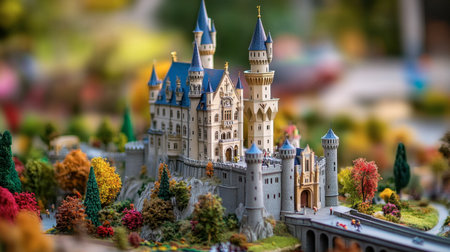This stunning miniature castle showcases intricate design, surrounded by vibrant trees and a peaceful landscape, perfect for artistic and nostalgic themes.の素材